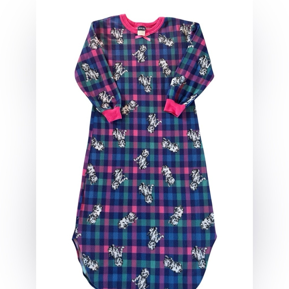 Vintage Honors Girls Fleece Nightgown Dalmatian Plaid Pink Trim Cozy Sleepwear L